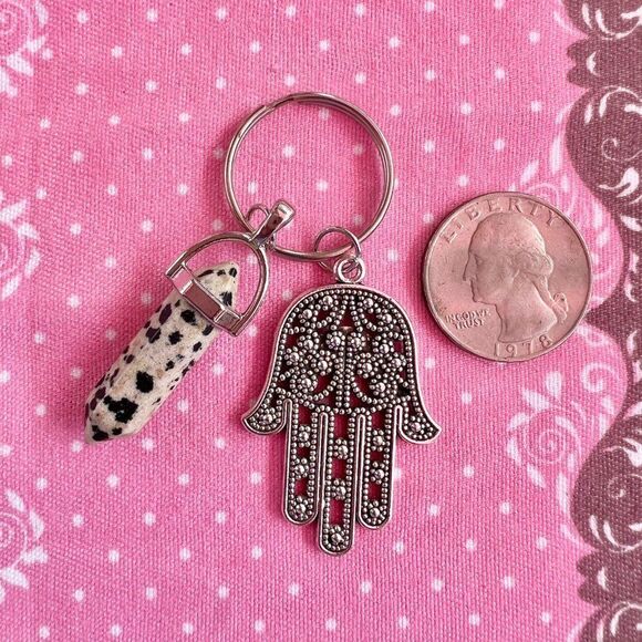 Evil Eye Hamsa Spotted Jasper Crystal Gemstone Keychain - Picture 3 of 3